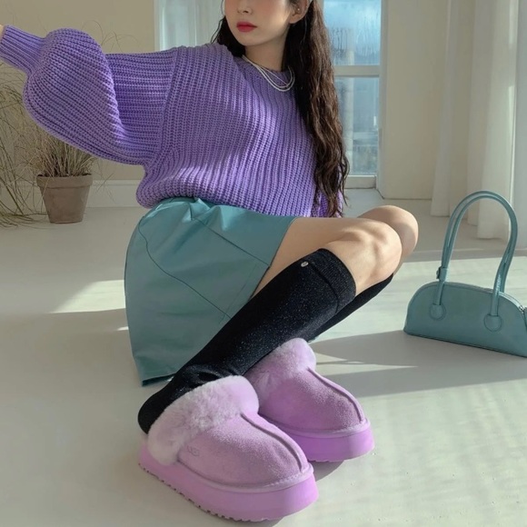 UGG Disquette Platform Sheepskin Suede Fur Lilac Lavender Slip On Shoe Sz 8 NEW - Picture 12 of 16